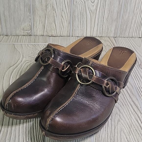 Frye Cheryl Triple Ring Harness Brown Leather Slip On Clogs Womens Size 7 - Picture 9 of 16